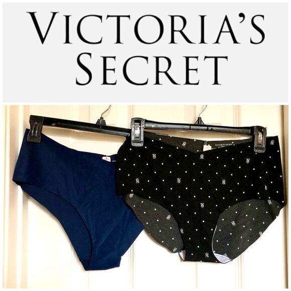 VICTORIA’S SECRET NWT L Sz XXL - 2-Pair Black Logo Hipster & Navy Cheeky Brief - Picture 1 of 15